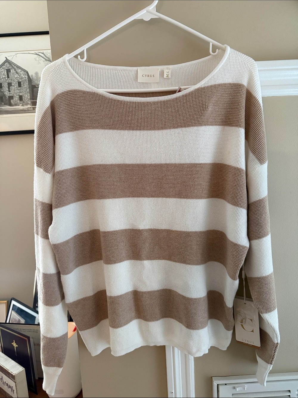 Cyrus Cream and Tan Wide-Stripe Scoop Neck Sweater